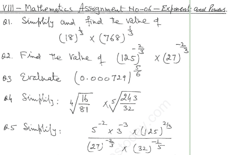 CBSE Class 8 Mathematics Exponents and Powers Assignments Set D